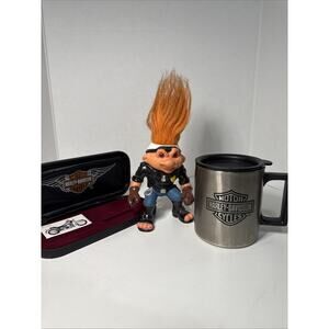 99’ Harley Davidson Stainless Mug 14oz w/ Lid & Knife Case 92’ Hasbro Troll- (3)